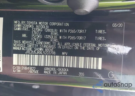 2020 Toyota 4Runner Sr5 z USA, uszkodzony, nr VIN JTEZU5JRXL5223798